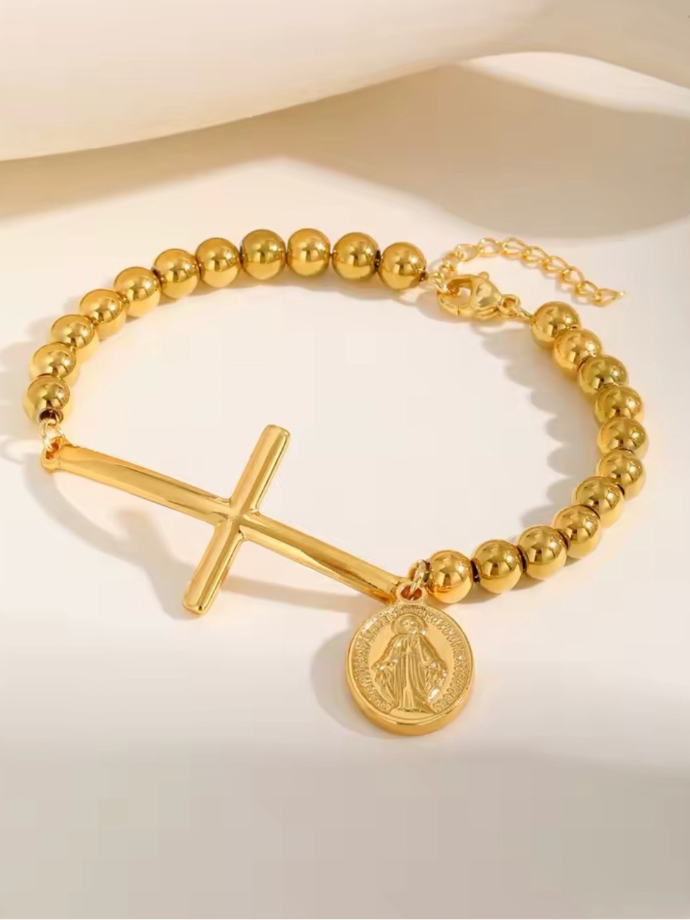 18K Gold PVD Beaded Cross Bracelet with Religious Medal